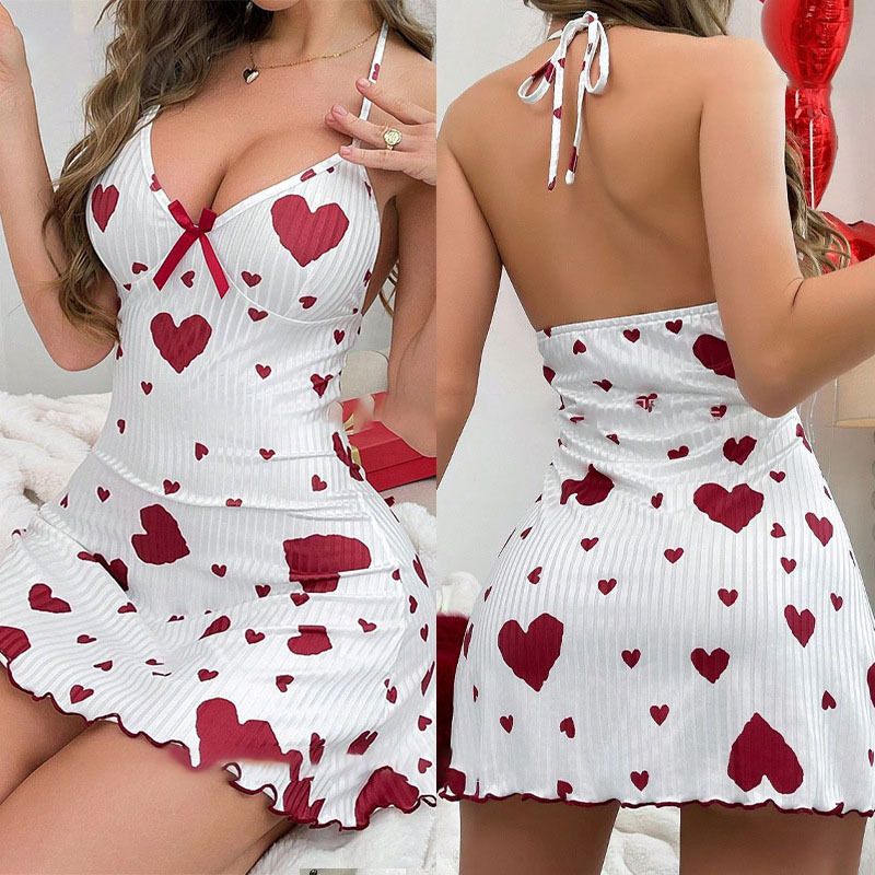 Women Sleeveless Milk Silk Sleepwear Set Heart Print L