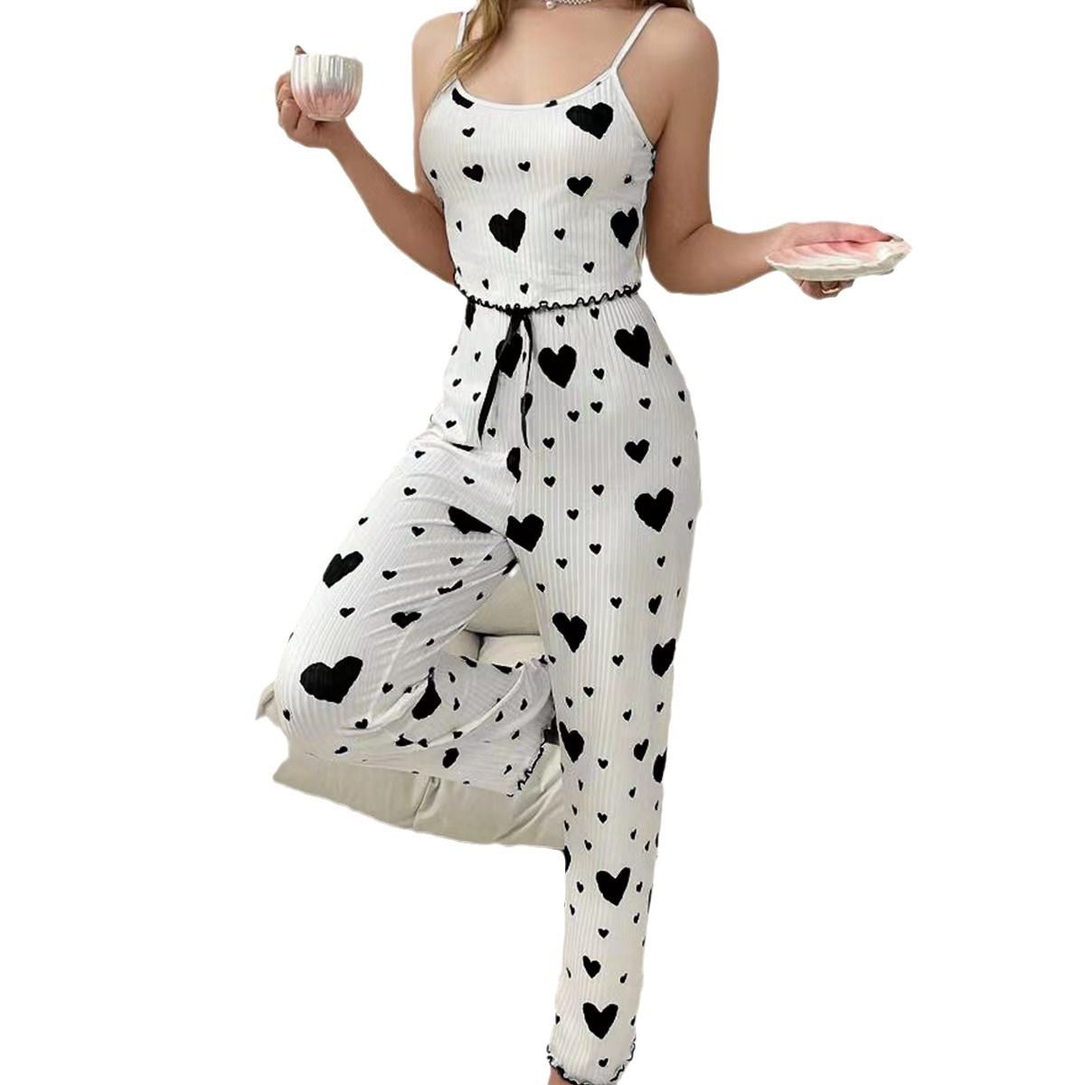 Women Polyester Pajamas Set Sleeveless Printed Sleepwear White and Red L