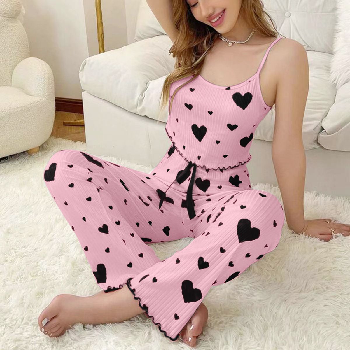 Women Polyester Pajamas Set Sleeveless Printed Sleepwear Pink and Black L