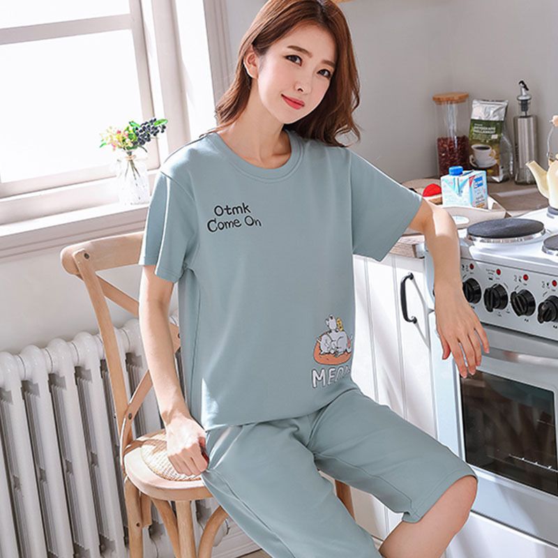Women Cartoon Pajama Set Summer Thin Polyester S short-sleeved shorts green sleeping cat L