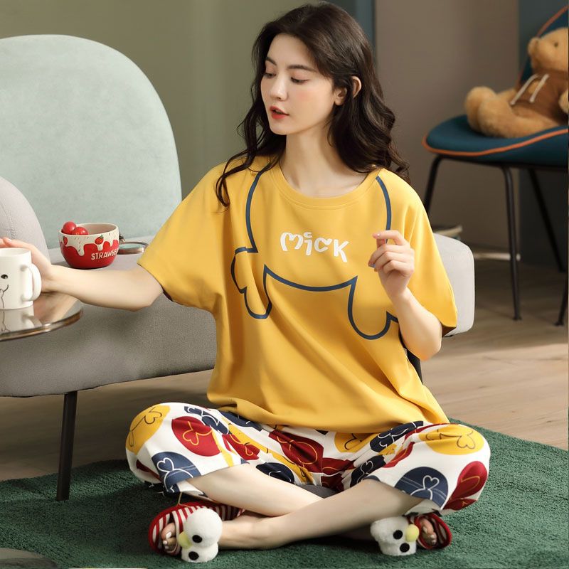 Women Cartoon Pajama Set Summer Thin Polyester S short-sleeved shorts green sleeping cat L