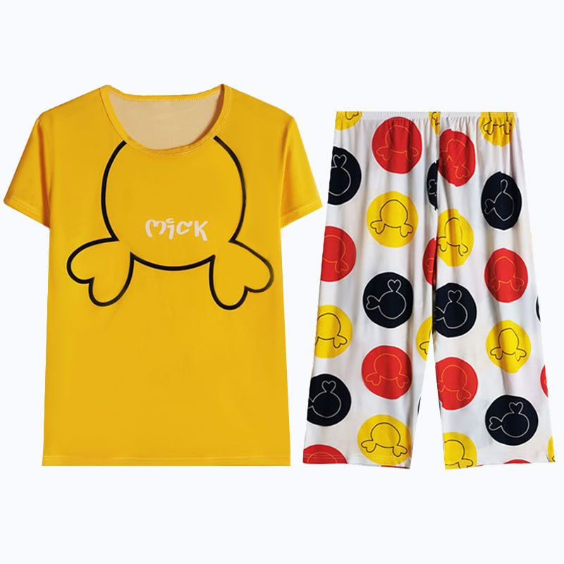 Women Cartoon Pajama Set Summer Thin Polyester S short-sleeved shorts green sleeping cat L