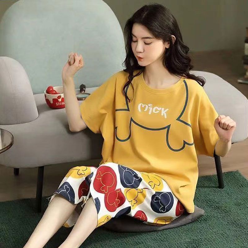 Women Cartoon Pajama Set Summer Thin Polyester S short-sleeved shorts green sleeping cat XL