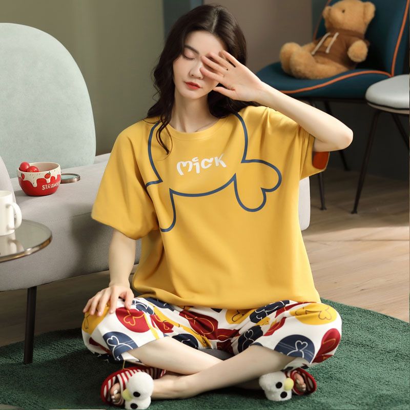 Women Cartoon Pajama Set Summer Thin Polyester S short-sleeved shorts green sleeping cat XXL