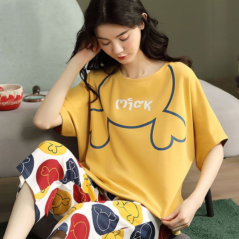 Women Cartoon Pajama Set Summer Thin Polyester S short-sleeved shorts green sleeping cat XXL
