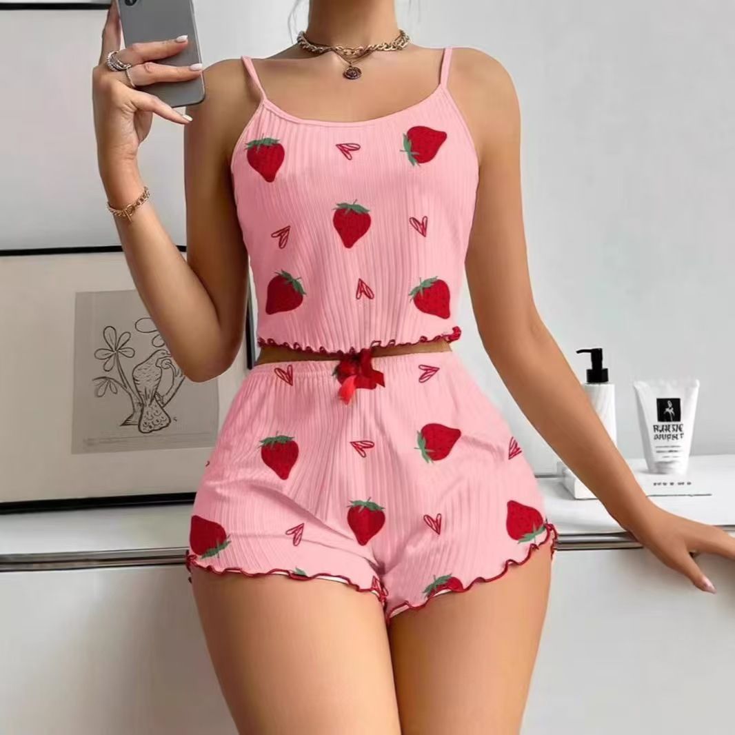 Women Sleepwear Set Summer Spandex Print White strawberry XXXL