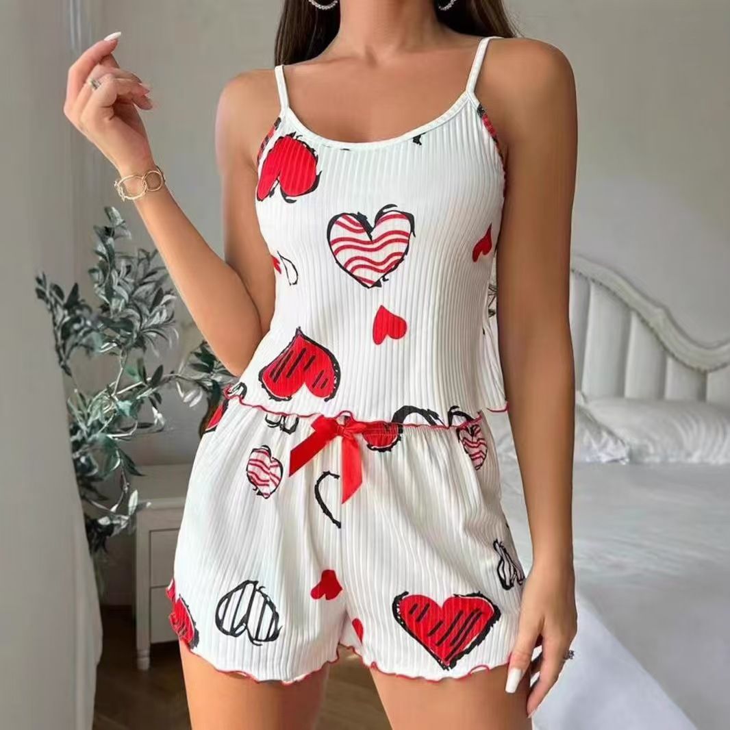 Women Sleepwear Set Summer Spandex Print Love heart on white background XL