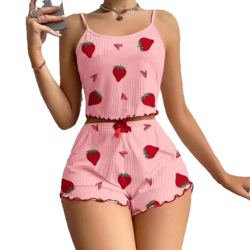 Women Sleepwear Set Summer Spandex Print Cherry on white background M