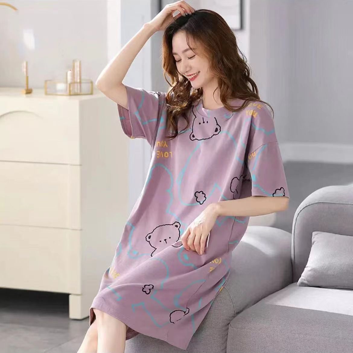 Women Summer Sleepwear Polyester Loose Dress Purple XL