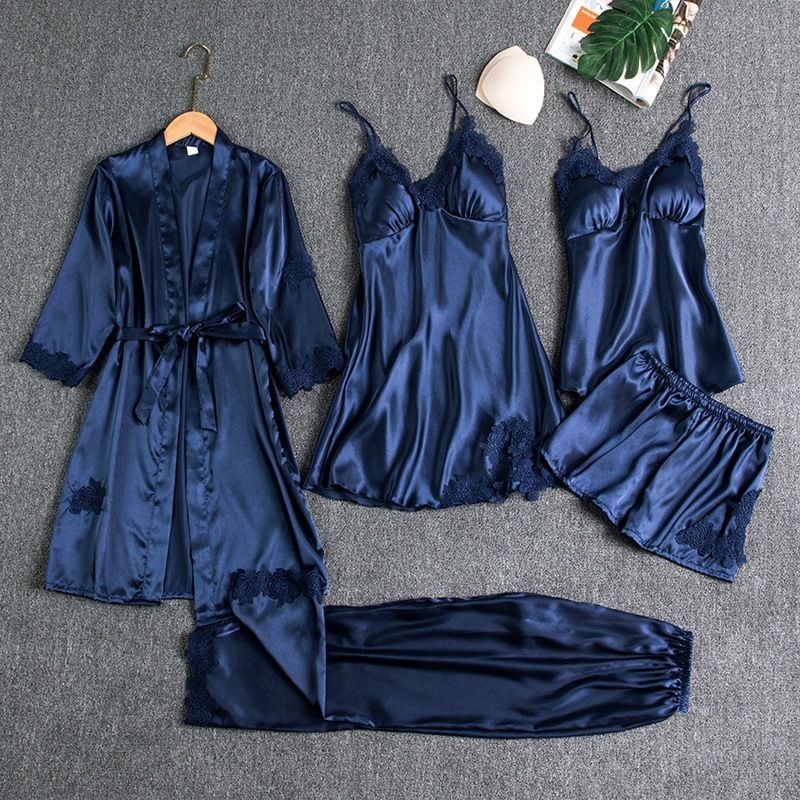 Women Sleepwear Set Long Sleeve Ice Silk Champagne XXL