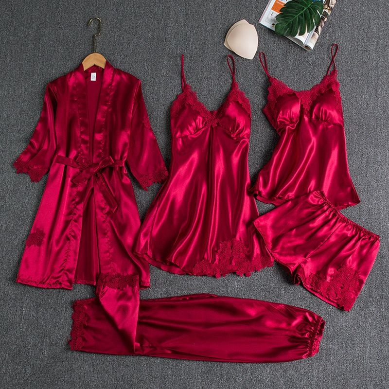 Women Sleepwear Set Long Sleeve Ice Silk Burgundy