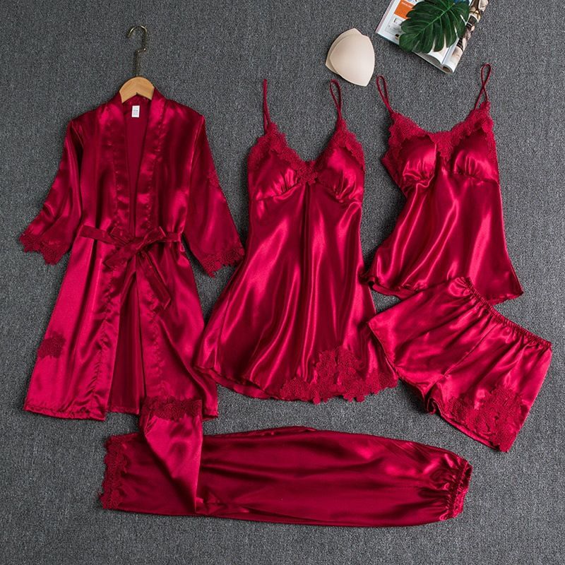 Women Sleepwear Set Long Sleeve Ice Silk Navy Blue M