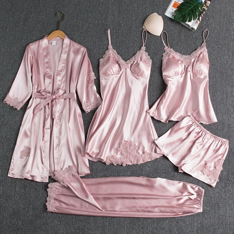 Women Sleepwear Set Long Sleeve Ice Silk Navy Blue M