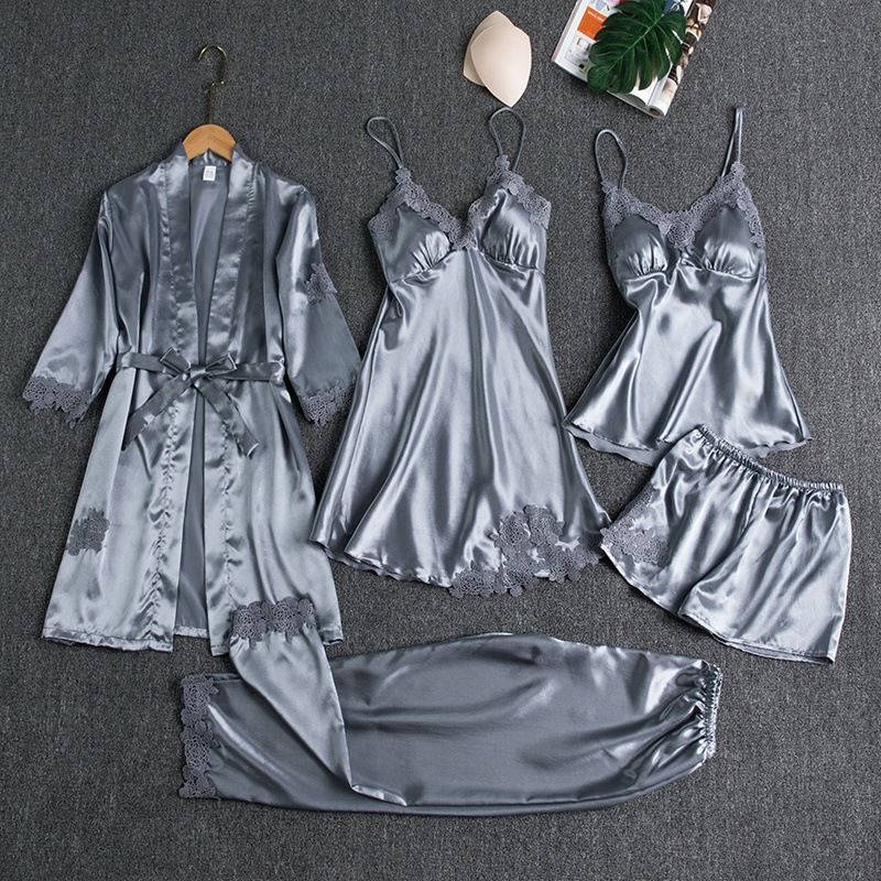 Women Sleepwear Set Long Sleeve Ice Silk Gray M