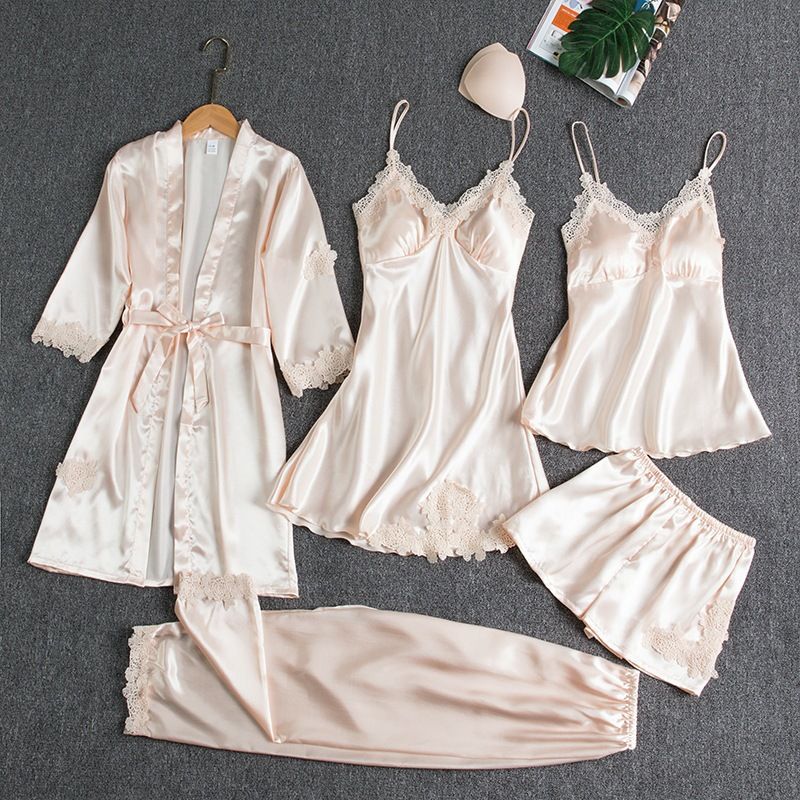 Women Sleepwear Set Long Sleeve Ice Silk XL