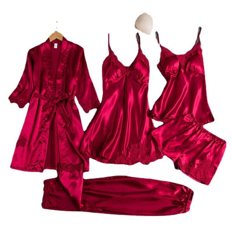 Women Sleepwear Set Long Sleeve Ice Silk XXL