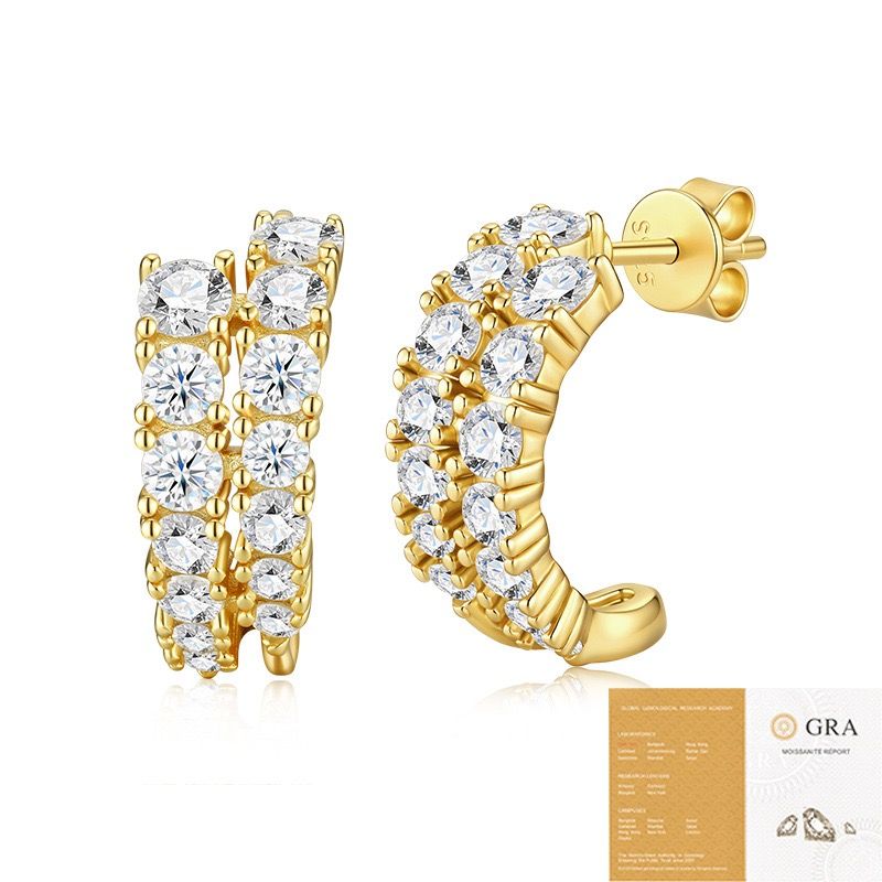 Double-Row Moissanite C-Shaped Earrings in 18K Gold Plated 925 Silver, Brilliant Sparkle for Everyday Elegance and Formal Occasions, Hypoallergenic and Tarnish-Resistant Jewelry with VVS Clarity Stones (Moissanite, Premium S925)
