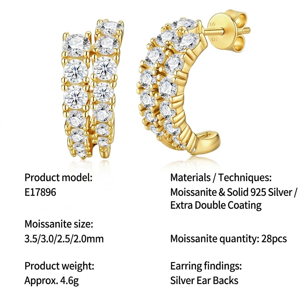 Double-Row Moissanite C-Shaped Earrings in 18K Gold Plated 925 Silver, Brilliant Sparkle for Everyday Elegance and Formal Occasions, Hypoallergenic and Tarnish-Resistant Jewelry with VVS Clarity Stones (Moissanite, Premium S925)