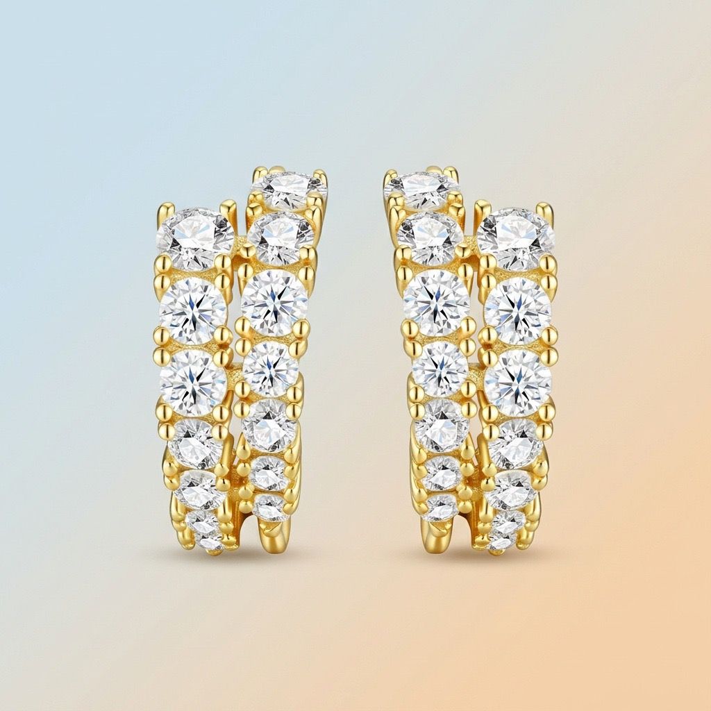 Double-Row Moissanite C-Shaped Earrings in 18K Gold Plated 925 Silver, Brilliant Sparkle for Everyday Elegance and Formal Occasions, Hypoallergenic and Tarnish-Resistant Jewelry with VVS Clarity Stones (Moissanite, Premium S925)