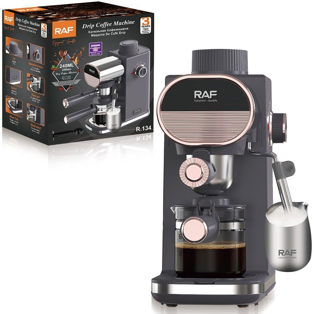 Compact Semi-Automatic Espresso Coffee Machine with Milk Frother Wand, 5Bar Pressure Extraction System, Ideal for Home Kitchen and Small Office Use, Crafted with Stainless Steel and ABS Body in Sleek Dark Gray with Rose Gold Accents (Black)