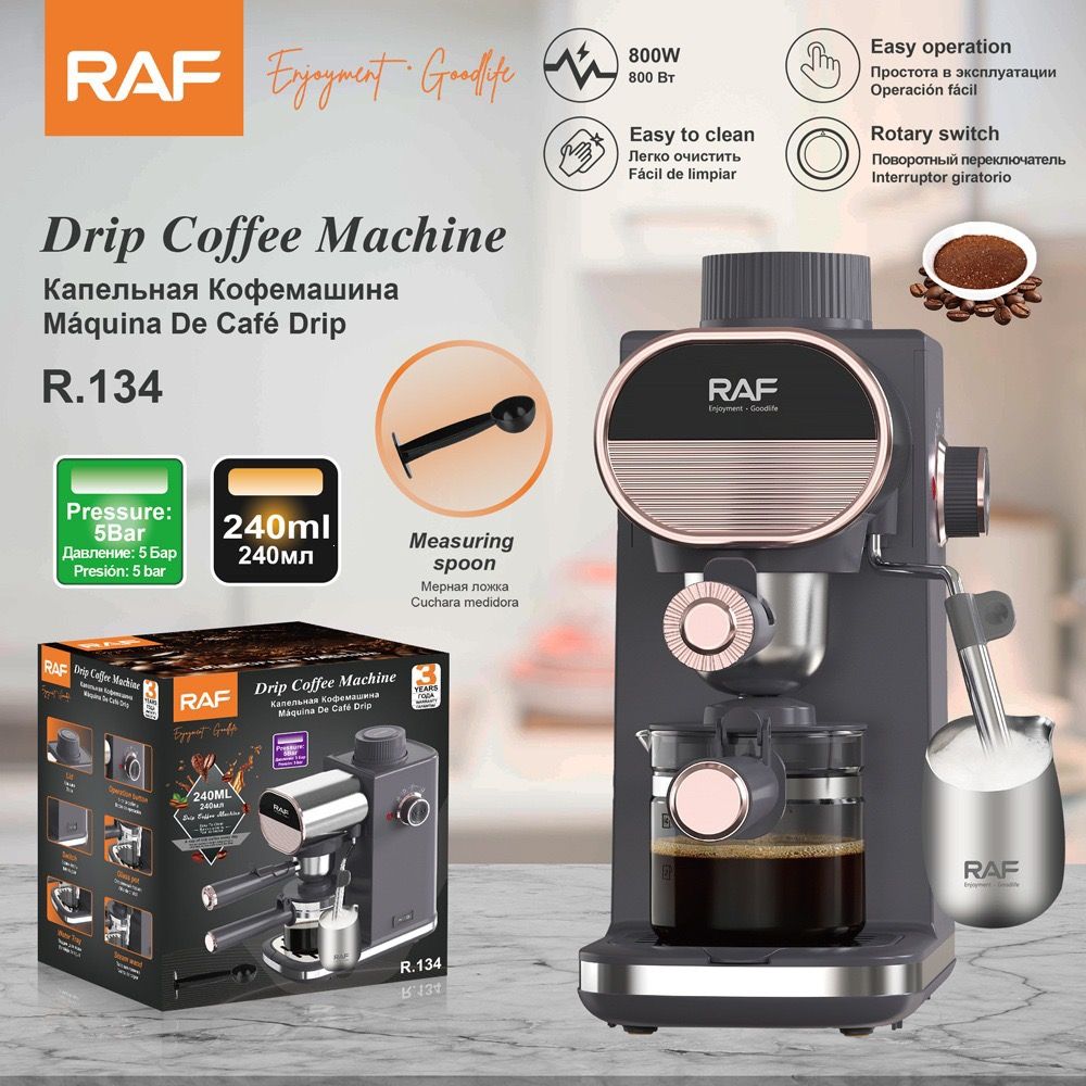 Compact Semi-Automatic Espresso Coffee Machine with Milk Frother Wand, 5Bar Pressure Extraction System, Ideal for Home Kitchen and Small Office Use, Crafted with Stainless Steel and ABS Body in Sleek Dark Gray with Rose Gold Accents (Black)