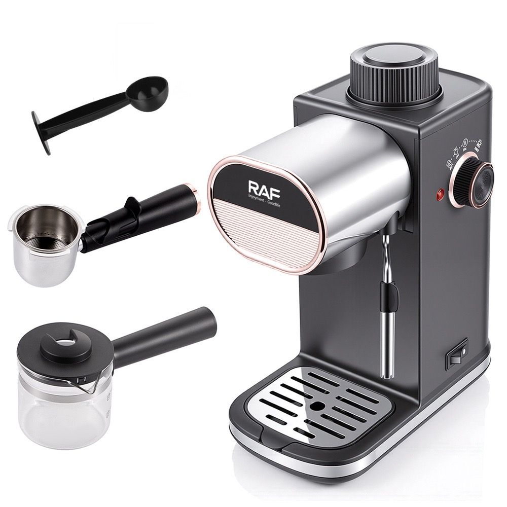 Compact Semi-Automatic Espresso Coffee Machine with Milk Frother Wand, 5Bar Pressure Extraction System, Ideal for Home Kitchen and Small Office Use, Crafted with Stainless Steel and ABS Body in Sleek Dark Gray with Rose Gold Accents (Black)