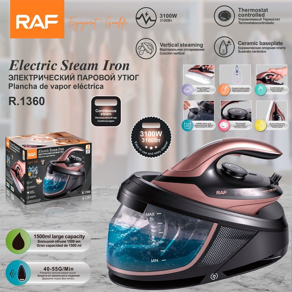 Professional Steam Iron with Ceramic Soleplate and 1.5L Detachable Water Tank for Home Use, Vertical Steaming, Dry Ironing, and Auto Shut-Off Feature for Wrinkle-Free Fabrics (RoseGold)