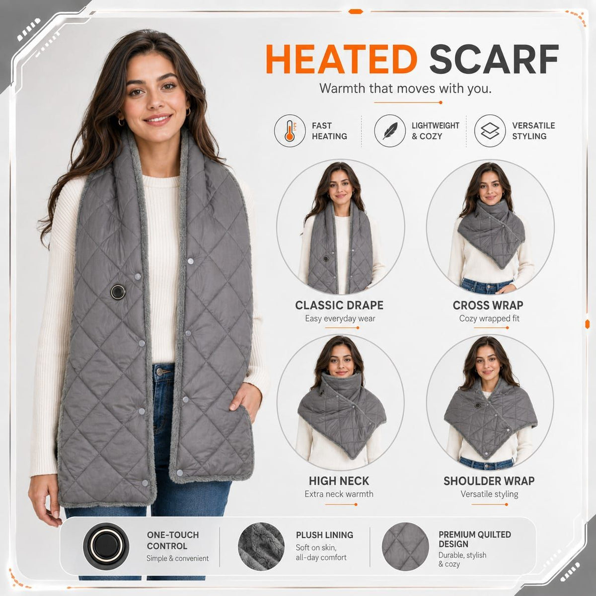 Stay Warm Anywhere with This USB-Powered Heated Scarf, Featuring Five Adjustable Heat Levels, Plush Fleece Lining, and a Versatile Snap-Button Design That Transforms into a Shawl or Wrap for Ultimate Cold-Weather Comfort (Grey, Long)