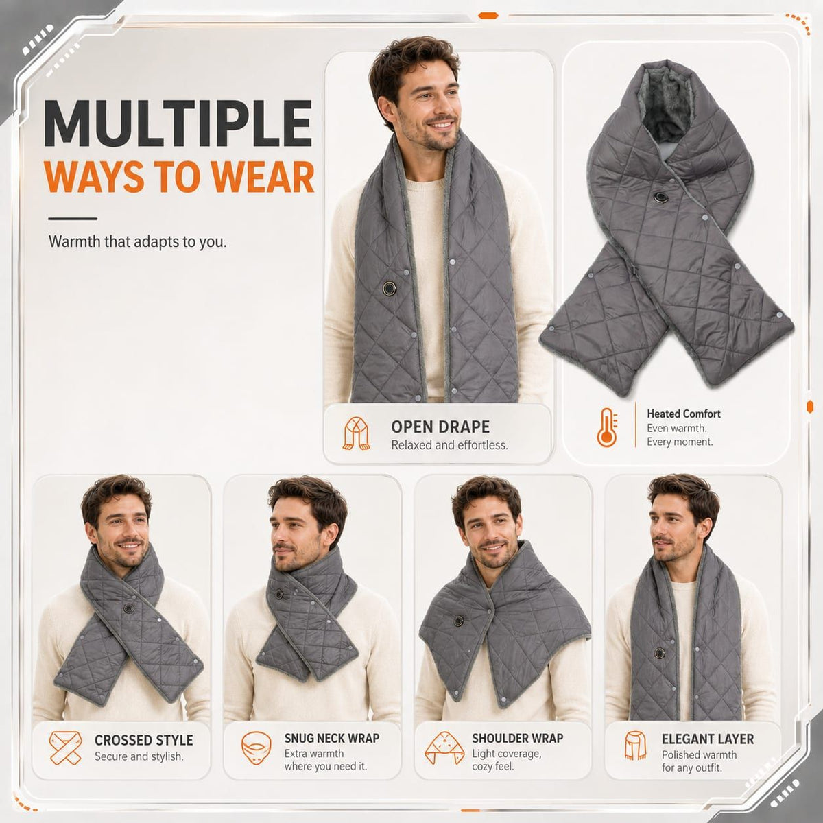 Stay Warm Anywhere with This USB-Powered Heated Scarf, Featuring Five Adjustable Heat Levels, Plush Fleece Lining, and a Versatile Snap-Button Design That Transforms into a Shawl or Wrap for Ultimate Cold-Weather Comfort (Grey, Long)