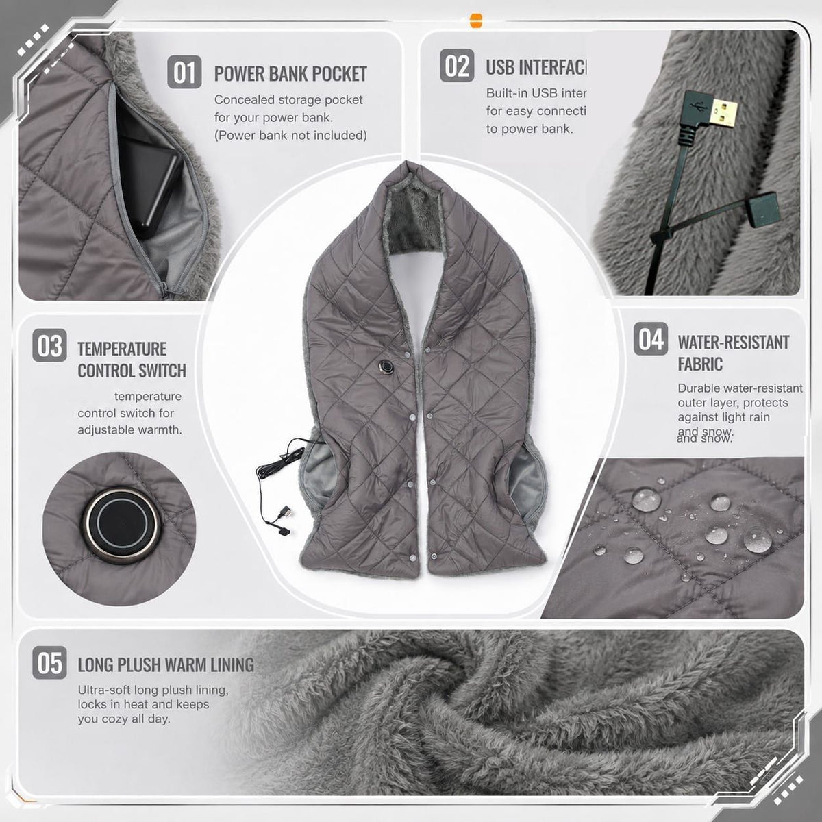 Stay Warm Anywhere with This USB-Powered Heated Scarf, Featuring Five Adjustable Heat Levels, Plush Fleece Lining, and a Versatile Snap-Button Design That Transforms into a Shawl or Wrap for Ultimate Cold-Weather Comfort (Grey, Long)