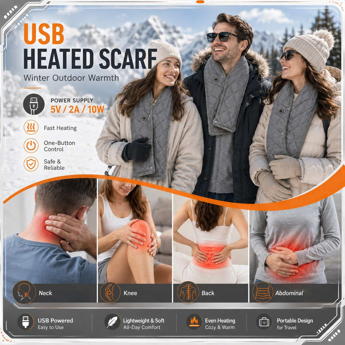 Stay Warm Anywhere with This USB-Powered Heated Scarf, Featuring Five Adjustable Heat Levels, Plush Fleece Lining, and a Versatile Snap-Button Design That Transforms into a Shawl or Wrap for Ultimate Cold-Weather Comfort (Grey, Long)