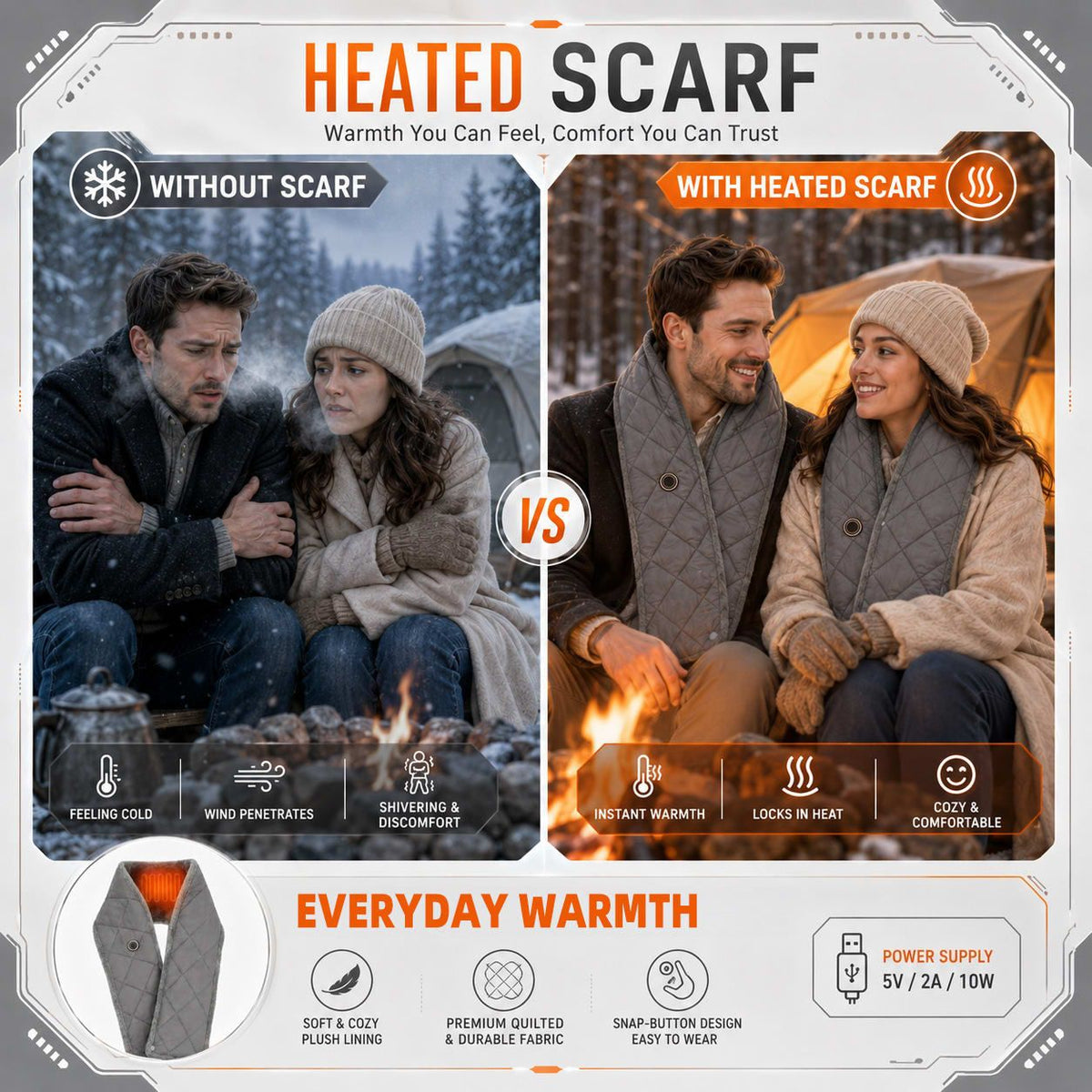Stay Warm Anywhere with This USB-Powered Heated Scarf, Featuring Five Adjustable Heat Levels, Plush Fleece Lining, and a Versatile Snap-Button Design That Transforms into a Shawl or Wrap for Ultimate Cold-Weather Comfort (Grey, Long)