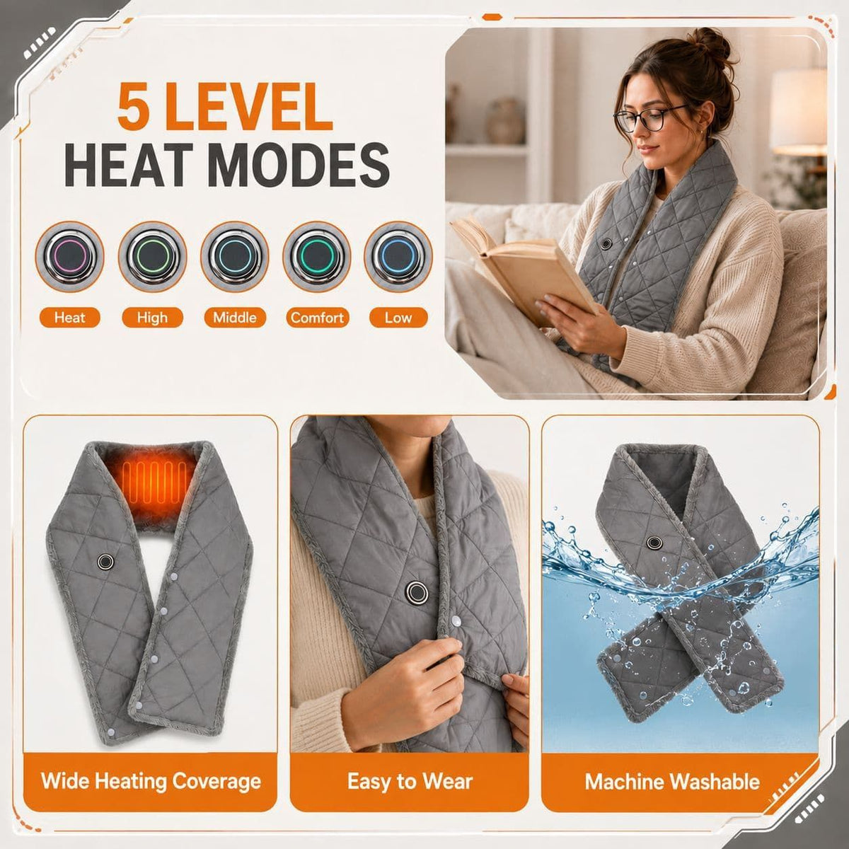 Stay Warm Anywhere with This USB-Powered Heated Scarf, Featuring Five Adjustable Heat Levels, Plush Fleece Lining, and a Versatile Snap-Button Design That Transforms into a Shawl or Wrap for Ultimate Cold-Weather Comfort (Grey, Long)