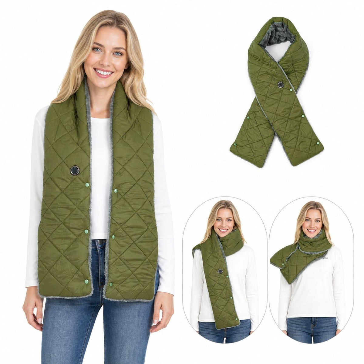 Stay Warm Anywhere with This USB-Powered Heated Scarf, Featuring Five Adjustable Heat Levels, Plush Fleece Lining, and a Versatile Snap-Button Design That Transforms into a Shawl or Wrap for Ultimate Cold-Weather Comfort (Grey, Long)