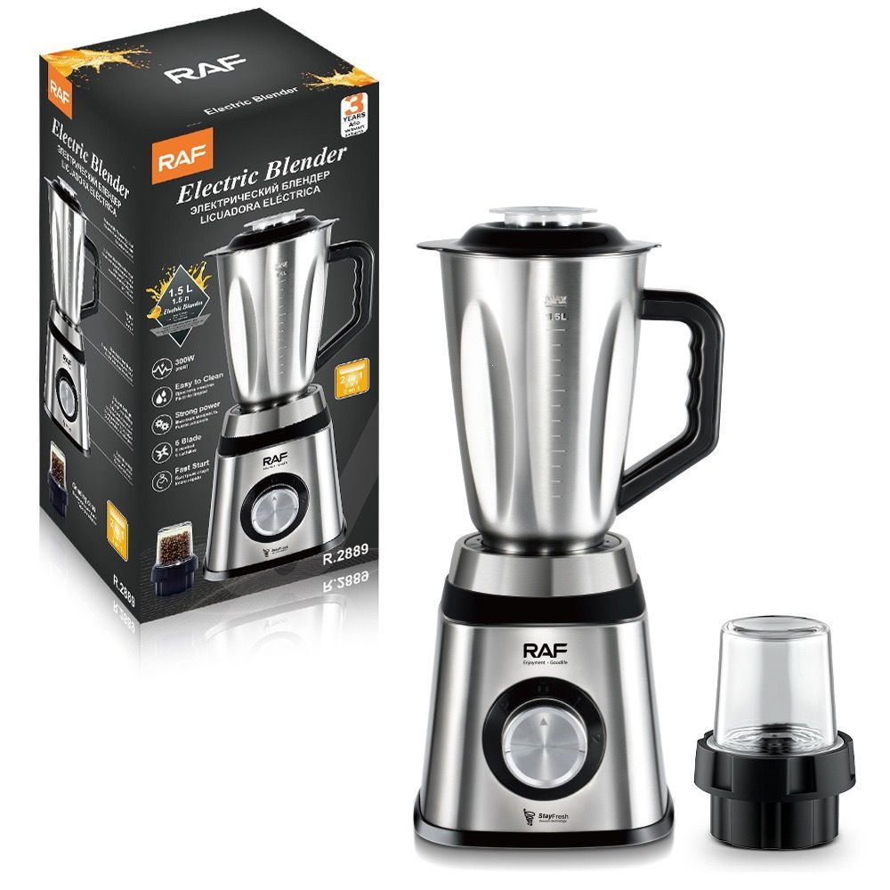 2-in-1 Electric Blender and Grinder with Stainless Steel Body, 1.5L Mixing Pitcher and Detachable Glass Mill for Juices, Smoothies, Coffee Beans, and Dry Ingredients – Compact Countertop Design with Ergonomic Handle for Everyday Home Kitchen Use (Silver)