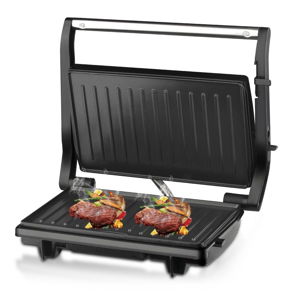 Versatile Electric Grill and Panini Press with Brushed Stainless Steel Lid, Double-Sided Non-Stick Plates, 180° Flattening Design for Steaks, Sandwiches, Breakfast Meats, Vegetables, and Indoor Grilling (Silver)