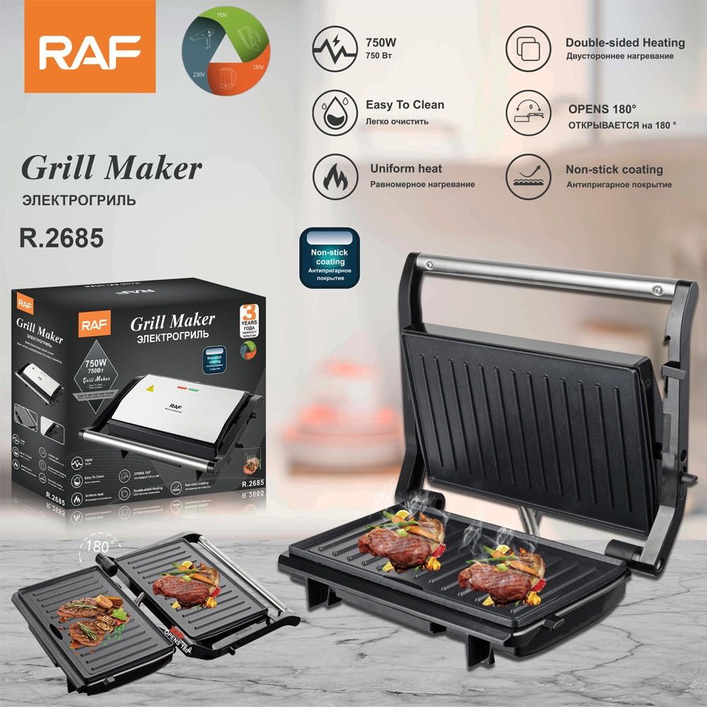 Versatile Electric Grill and Panini Press with Brushed Stainless Steel Lid, Double-Sided Non-Stick Plates, 180° Flattening Design for Steaks, Sandwiches, Breakfast Meats, Vegetables, and Indoor Grilling (Silver)