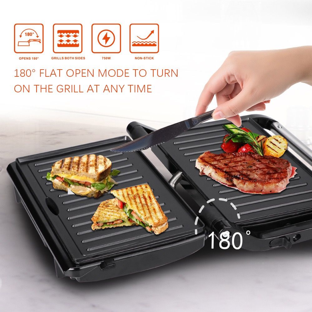 Versatile Electric Grill and Panini Press with Brushed Stainless Steel Lid, Double-Sided Non-Stick Plates, 180° Flattening Design for Steaks, Sandwiches, Breakfast Meats, Vegetables, and Indoor Grilling (Silver)
