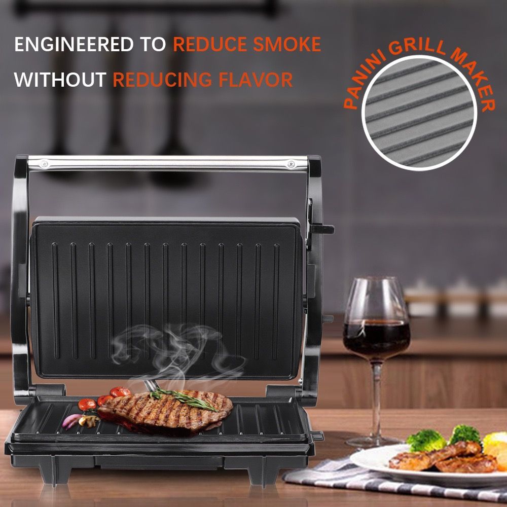 Versatile Electric Grill and Panini Press with Brushed Stainless Steel Lid, Double-Sided Non-Stick Plates, 180° Flattening Design for Steaks, Sandwiches, Breakfast Meats, Vegetables, and Indoor Grilling (Silver)