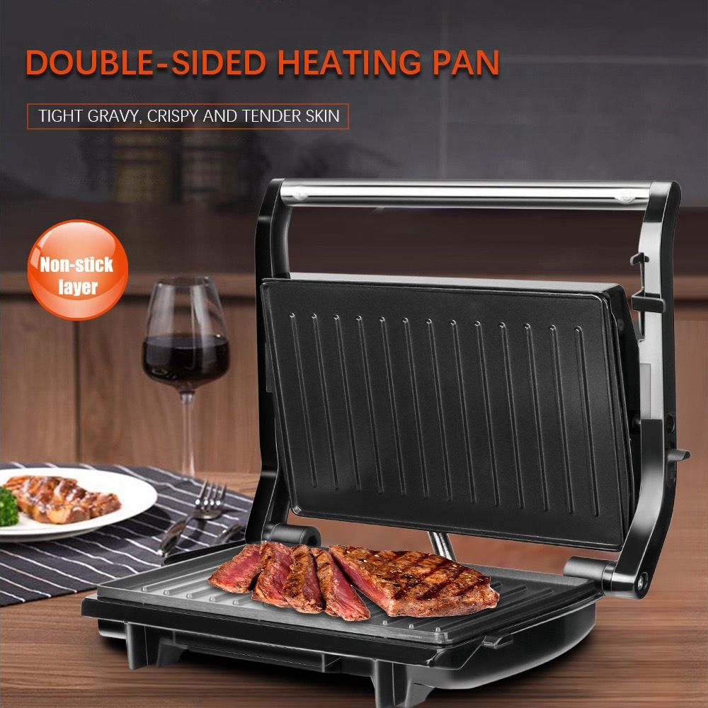 Versatile Electric Grill and Panini Press with Brushed Stainless Steel Lid, Double-Sided Non-Stick Plates, 180° Flattening Design for Steaks, Sandwiches, Breakfast Meats, Vegetables, and Indoor Grilling (Silver)