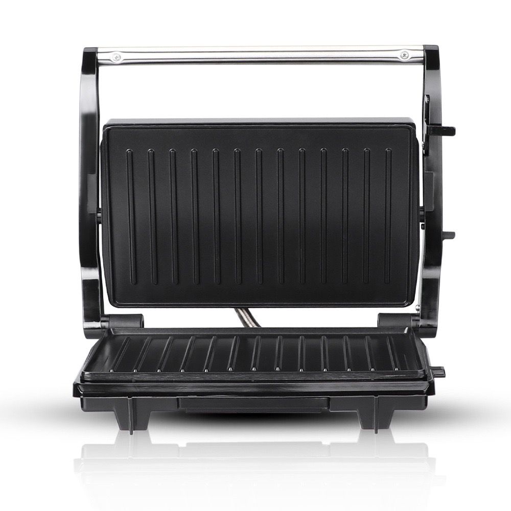 Versatile Electric Grill and Panini Press with Brushed Stainless Steel Lid, Double-Sided Non-Stick Plates, 180° Flattening Design for Steaks, Sandwiches, Breakfast Meats, Vegetables, and Indoor Grilling (Silver)