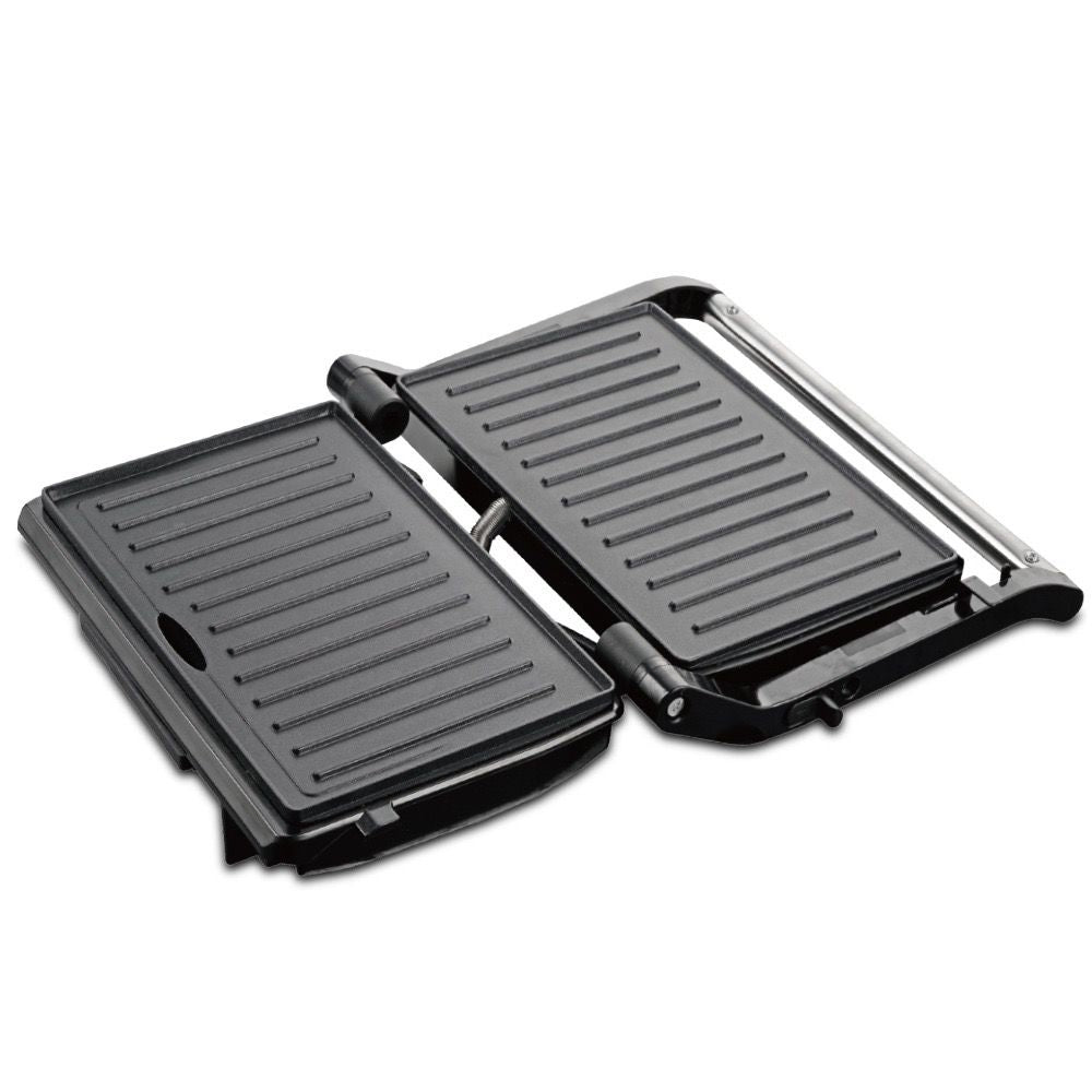 Versatile Electric Grill and Panini Press with Brushed Stainless Steel Lid, Double-Sided Non-Stick Plates, 180° Flattening Design for Steaks, Sandwiches, Breakfast Meats, Vegetables, and Indoor Grilling (Silver)