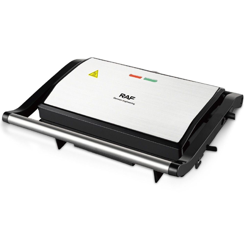 Versatile Electric Grill and Panini Press with Brushed Stainless Steel Lid, Double-Sided Non-Stick Plates, 180° Flattening Design for Steaks, Sandwiches, Breakfast Meats, Vegetables, and Indoor Grilling (Silver)