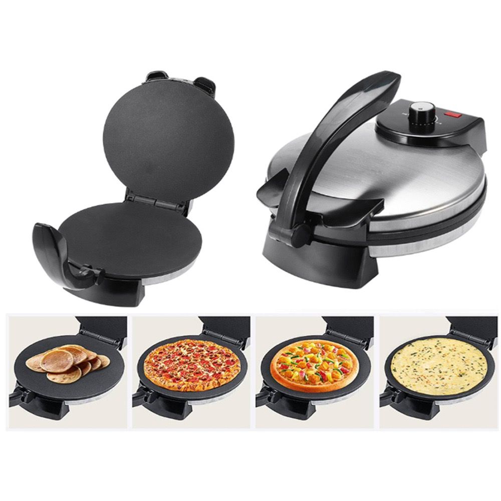 Versatile Electric Crepe Maker and Pancake Machine with Non-Stick Heating Plates, Stainless Steel Body, and Adjustable Temperature Control for Home Kitchen Cooking of Pizzas, Tortillas, and More (Silver)
