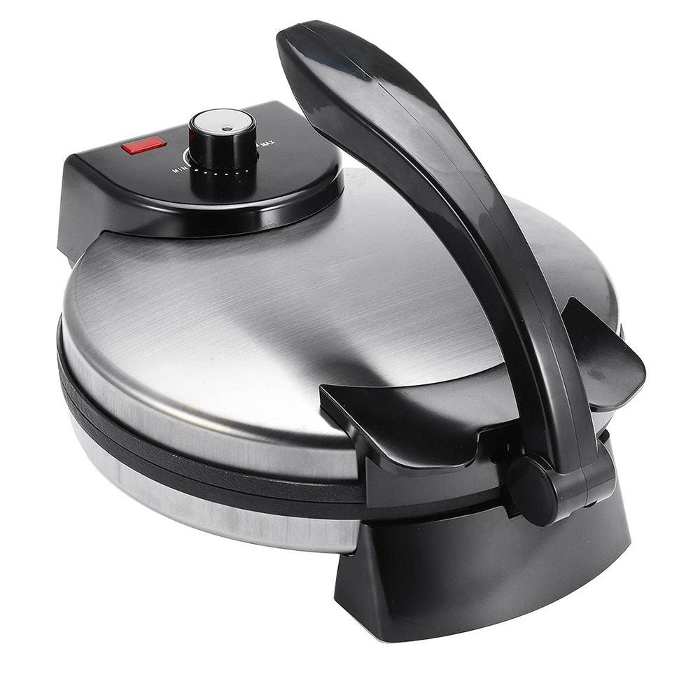 Versatile Electric Crepe Maker and Pancake Machine with Non-Stick Heating Plates, Stainless Steel Body, and Adjustable Temperature Control for Home Kitchen Cooking of Pizzas, Tortillas, and More (Silver)