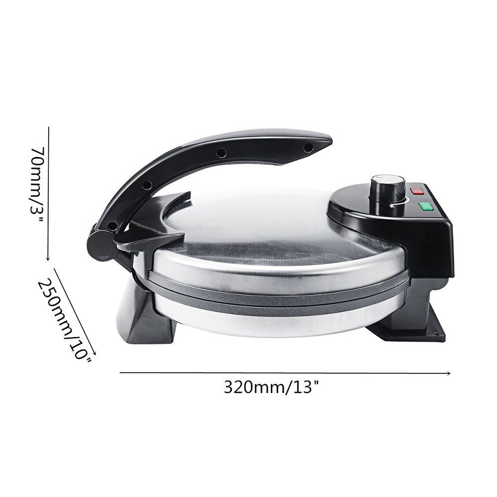 Versatile Electric Crepe Maker and Pancake Machine with Non-Stick Heating Plates, Stainless Steel Body, and Adjustable Temperature Control for Home Kitchen Cooking of Pizzas, Tortillas, and More (Silver)