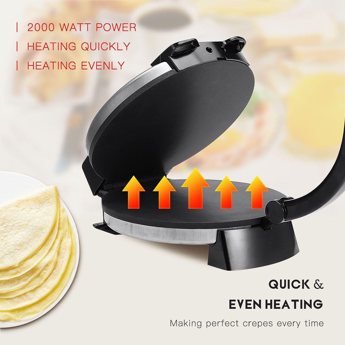 Versatile Electric Crepe Maker and Pancake Machine with Non-Stick Heating Plates, Stainless Steel Body, and Adjustable Temperature Control for Home Kitchen Cooking of Pizzas, Tortillas, and More (Silver)
