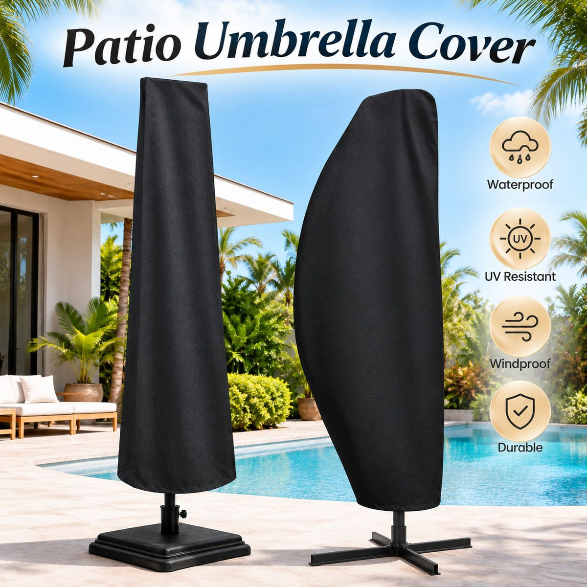 210D Oxford Waterproof Patio Parasol Cover for Straight and Cantilever Banana Umbrellas, Weatherproof Outdoor Garden Umbrella Protective Cover for Yard and Poolside Use (Straight Parasol(Black), S)