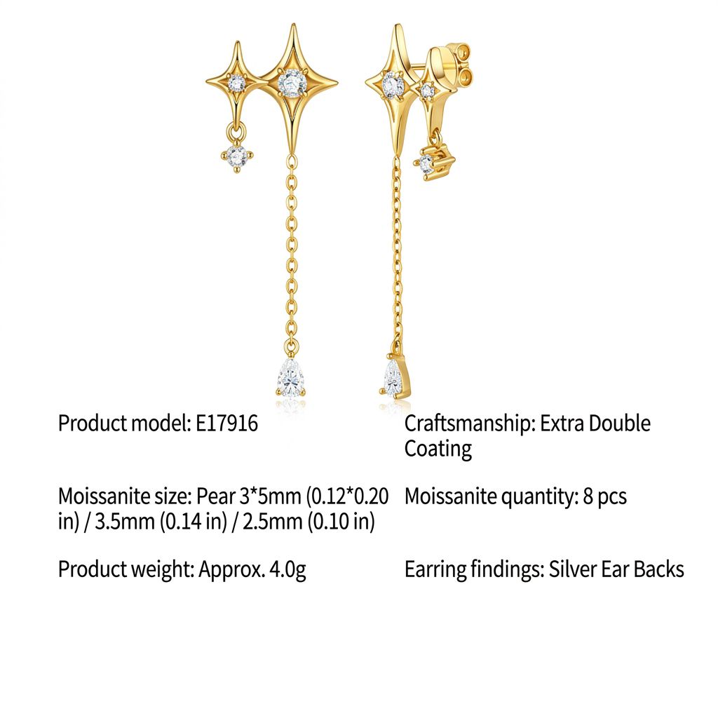 Elegant Four-Pointed Star Moissanite Tassel Earrings with Fine Gold-Plated Finish and Sparkling Drop Details, Perfect for Daily Wear, Dates, and Light Business Occasions (Moissanite, Premium S925)