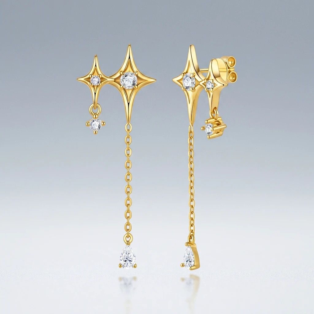 Elegant Four-Pointed Star Moissanite Tassel Earrings with Fine Gold-Plated Finish and Sparkling Drop Details, Perfect for Daily Wear, Dates, and Light Business Occasions (Moissanite, Premium S925)